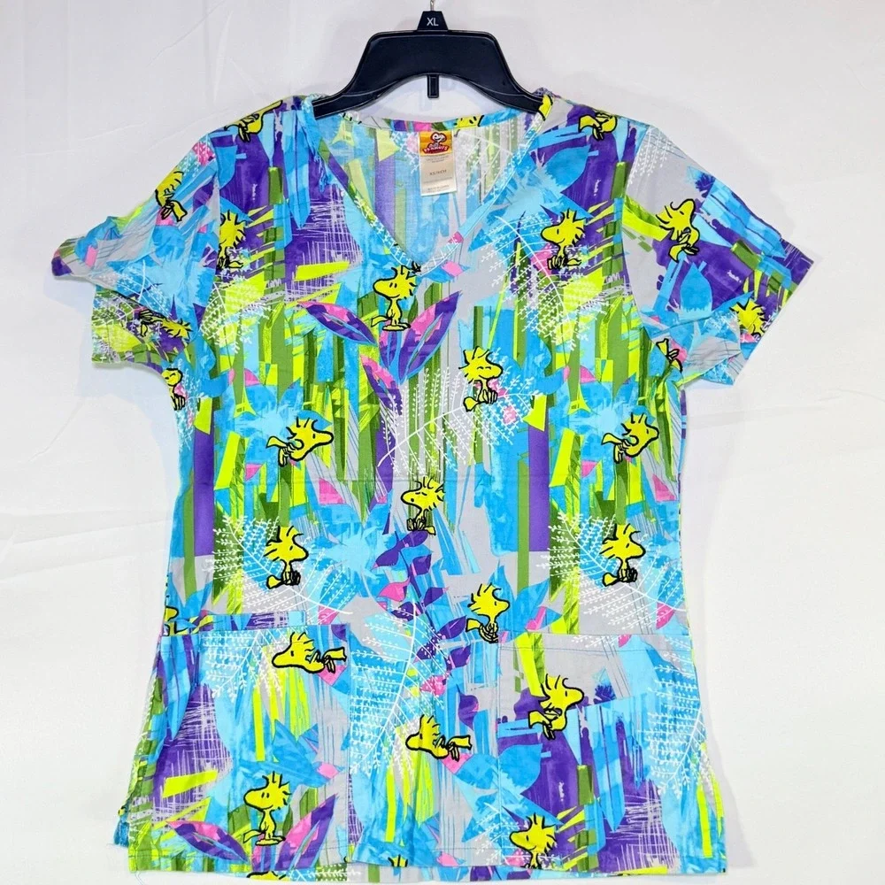 PEANUTS‎ Woodstock Cartoon Print Scrub Top Size XS V-Neck Pockets